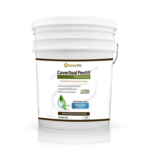 Clear Fluoropolymer Sealer That Penetrates To Stop Oil And Stains On Concrete Marble And Terrazzo Perfect For Driveways And Patios Exterior And Interior Use Stain Resistant Breathable UV Safe Non Yellowing Sealant 5 Gallons in white bucket