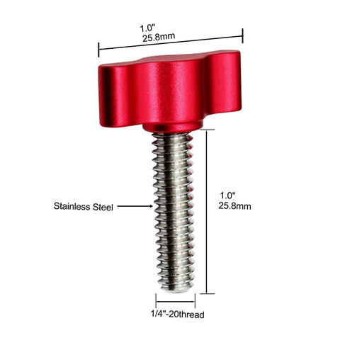 Stainless Steel Thumb Screws Set With Red Adjustable Tee Wing Aluminum Knob Quarter Inch Twenty Thread One Inch Length