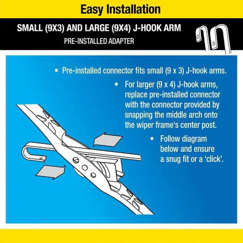 Diagram showing installation for small (9x3) and large (9x4) J-hook arm on WeatherBeater 22 Inch Wiper Blades Pack of 2 With OEM Quality Durability.