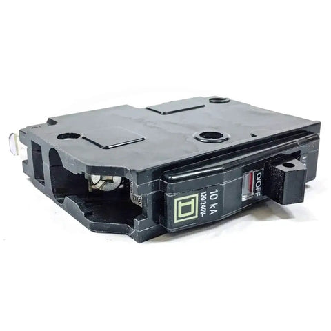 QOB120 Bolt-On 20 Amp 1 Pole Circuit Breaker for 120/240V Systems, 10kA, side view, black compact design
