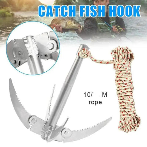 Folding Grappling Hook With 4 Sharp Prongs Aluminum Survival Anchor Tool With 32-Foot Braided Rope And Red Tracking Line Durable Compact Design For Small Boats Canoes Fishing Supplies And Lake Use Rope Color May Vary.