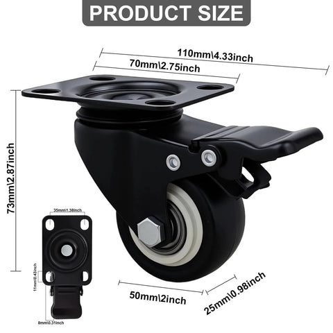 2 Inch Wheel Casters Set Of 4 Heavy Duty Locking Polyurethane Wheels With Brakes No Noise 360 Degree Swivel for Furniture, side view measurements