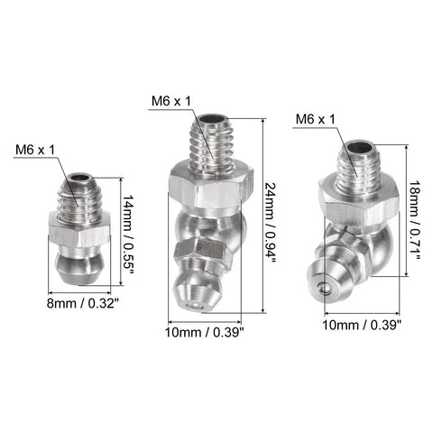 Close-up of 304 Stainless Steel Grease Fittings Kit Built To Last 15 Pcs Heavy Duty With Straight And Angled M6x1mm Metric Threads