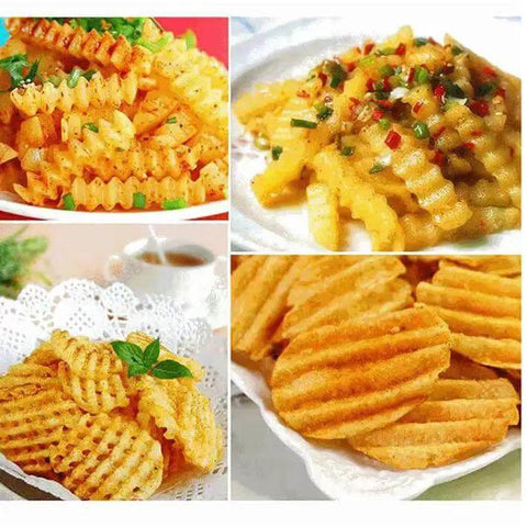 Crinkle-cut french fries served on plates, showcasing slicing results from Two Pack Crinkle Fry Cutter Set For Potatoes And Veggies.