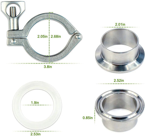 GDFYMI tri-clamp stainless steel 304 sanitary pipe ferrule set with wing nut and gasket, 2-inch