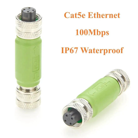 Profinet M12 D Code Inline Coupler 4 Pin Female To Female Shielded Cat5e Ethernet IP67 Rugged Gear For EtherNet IP EtherCAT Modbus TCP 100Mbps Two Pack - Green with silver ends, shown upright and angled.