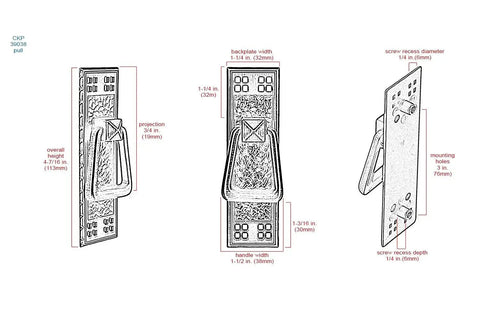 Vertical Mission Pull In Oil Rubbed Bronze For Cabinets And Drawers, side and front technical drawing with dimensions and features.