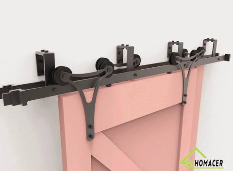 Black Rustic Double Track U Shape Bypass Sliding Barn Door Hardware Kit For Two Doors 14 Ft Long Flat Track With Horns