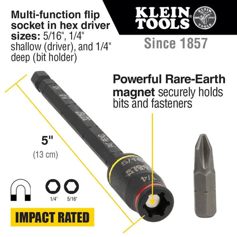 Flip Socket Kit for Impact Drivers 3-In-1 With 1/4 Inch And 5/16 Inch Hex Drivers, Shallow And Deep Positions, 5 Inch Length