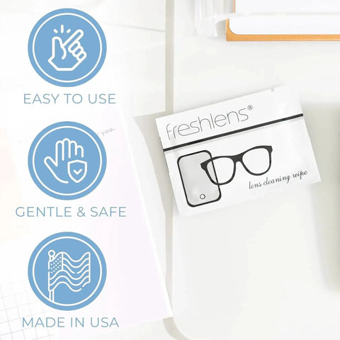 Packaging of Lint-Free Lens Wipes, 50 Pre-Moistened Towelettes for Glasses and Screens on a white surface with icons showing features.