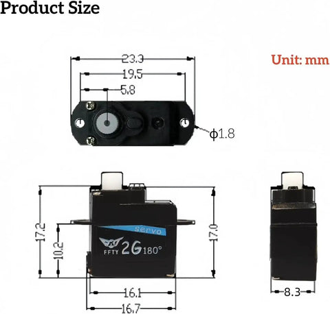 Two Pack 2G Plastic Gear Mini Servo For RC Hobbyists 3.7-5V Micro Digital Servo Kit dimensions diagram in mm with JST Connector