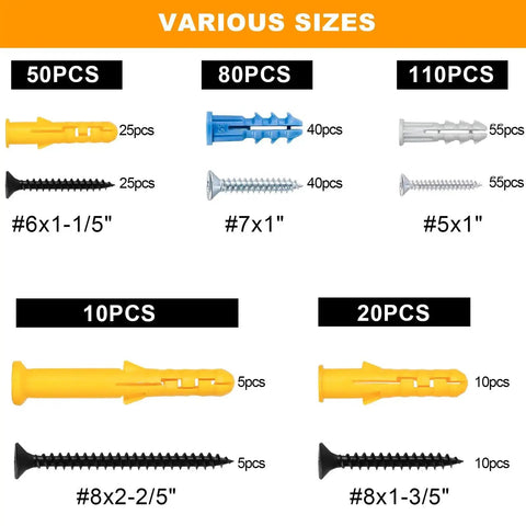 270 Piece Wall Anchors Kit For Drywall And Concrete Includes Five Essential Sizes With 27 Sets Each Plastic Anchors And Phillips Wood Screws