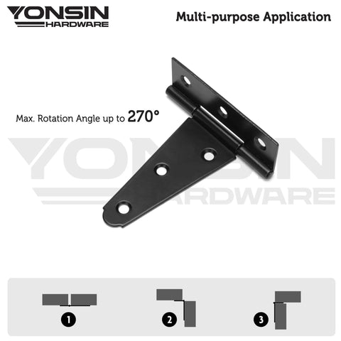 4 Inch T Strap Shed Door Hinge in black finish showing rotation angle up to 270 degrees for gates, fences, and barn doors.