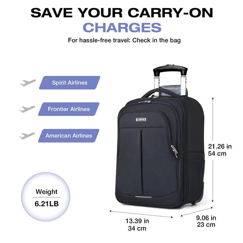 Go To Rolling Backpack Carry On With Wheels For Adults, 18 Inch Laptop Ready, Waterproof 50L Travel Bag in black, airline sizes shown.