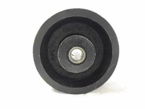 Front view of Heavy Duty 4X2 Inch V Groove Iron Steel Caster Wheel Set With Seven Eighths Inch Roller Bearing 600 Lbs Capacity Each Black Finish