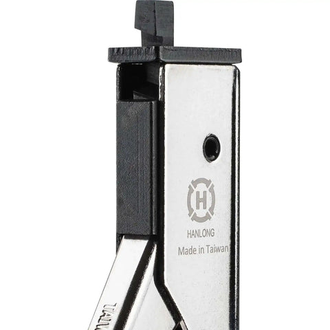 Close-up of the Pro Grade Nickel Plated Nibbling Tool For Cutting Square Holes in copper and aluminum panels, top view.