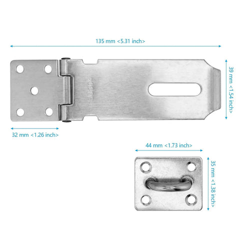 Stainless Steel Padlock Hasp Latch Heavy Duty Security Hasp With Mounting Screws, shown with dimensions.