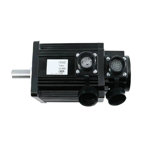 Side view of black aluminum AC servo motor with shaft on left and two round multi-pin connectors on the right.