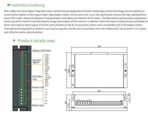 Servo motor drive diagram with labeled terminal blocks and dimensioned views (green terminal strip, black module)