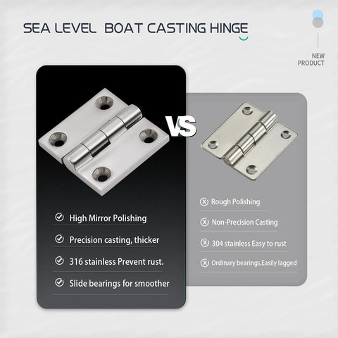 Laorde 316 stainless steel boat hatch hinge, 2x2 in, heavy duty; 4-pack with screws, polished vs rough finish shown.