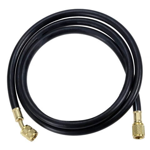 R410A AC refrigerant charging hose, 59 inch, black rubber hose with 1/4 in SAE female flare brass fittings.