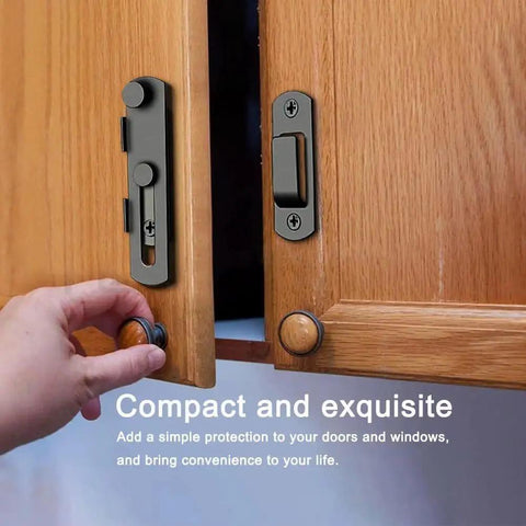 Two Pack Barn Door Lock Set With 180 Degree Flip Sliding Latches installed on wooden cabinet door.