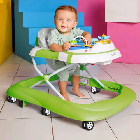 Baby using a walker with green frame and swivel wheels, showcasing 4 pcs baby walker wheel replacement casters with 0.3 inch mounting hole.