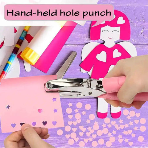Person using Heart Shaped Paper Punch Handheld Perforator for DIY crafts, creating heart-shaped holes in pink paper on a colorful craft table.