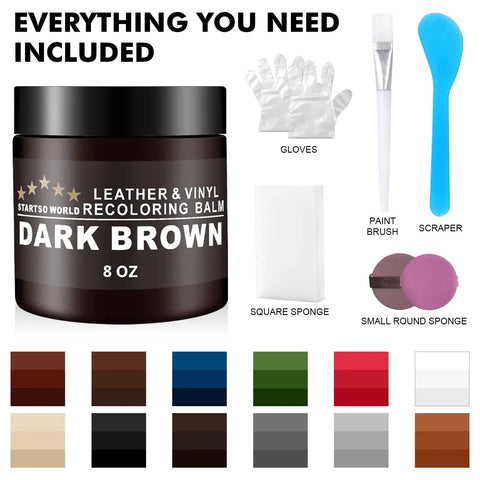 Dark Brown Leather Recoloring Balm for Furniture Repair and Restoration Startso World, 8 oz kit with tools and sponges included.