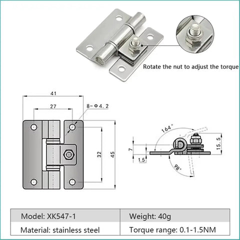 Diagram of Stainless Steel Torque Door Hinge Model XK547-1, showing friction damping and torque adjustment for smooth closing.