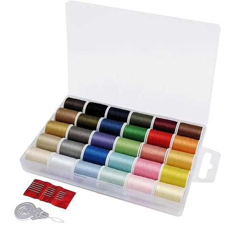 30 Color Polyester Sewing Thread Set With 50 Yard Mini Spools, Includes Needles And Threading Tool in open plastic case.