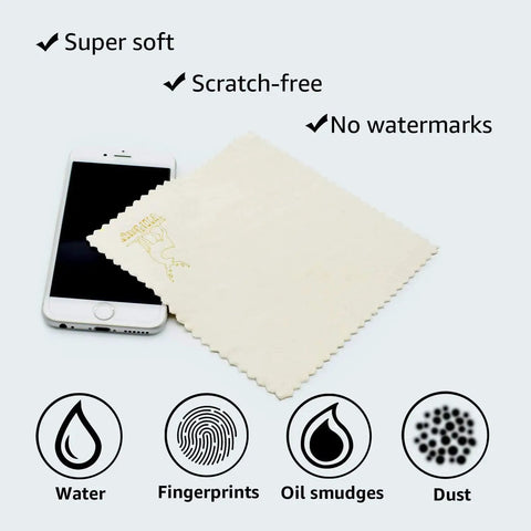 Natural Chamois Cleaning Cloths Four Pack 6x6 For Glasses Lenses Screens with phone and cleaning benefits icons.