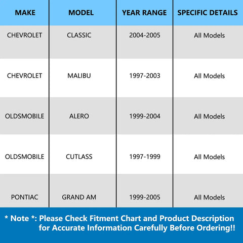 Fitment chart for Pair Front Wheel Bearing Hub Assembly Premium Replacement For Chevy Malibu 1997-2003 2004-2005 Classic Oldsmobile Alero