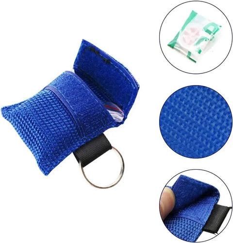 Set Of 50 Portable CPR Masks With One Way Valve Breathing Barriers In Nylon Pouch Key Chain Ring Visible Inside Blue Pouch