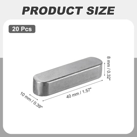20 Pcs Round Ended Feather Keys 40x10x8 Millimeter Carbon Steel Drive Shaft Parallel Keys Keyway Stock Assortment For Mechanical Fasteners Industry For Industrial Use, showing one key with dimensions.