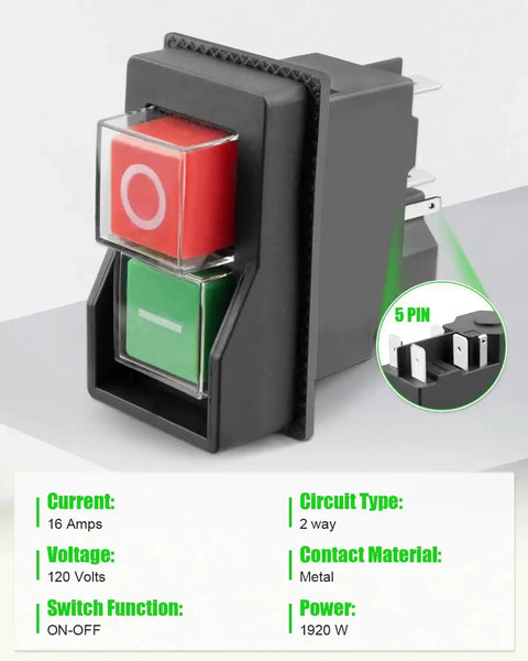Pushbutton Electromagnetic Switch for Garden Tools and Beefy Heavy Duty Machines, 120V 5PIN Replacement Safety Start Switch