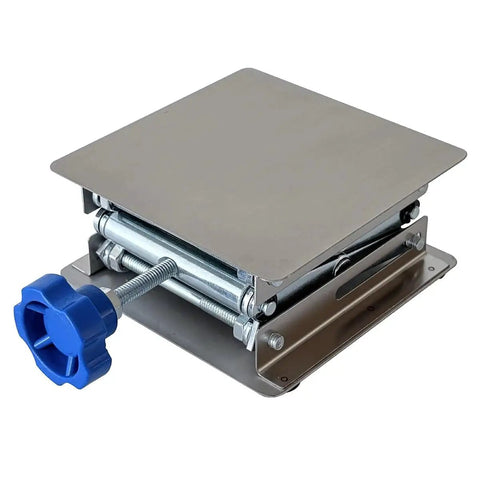 Stainless Steel Lab Jack Stand Scissor Lift Table 4x4 Inch Adjustable Height with blue adjustment knob, side view