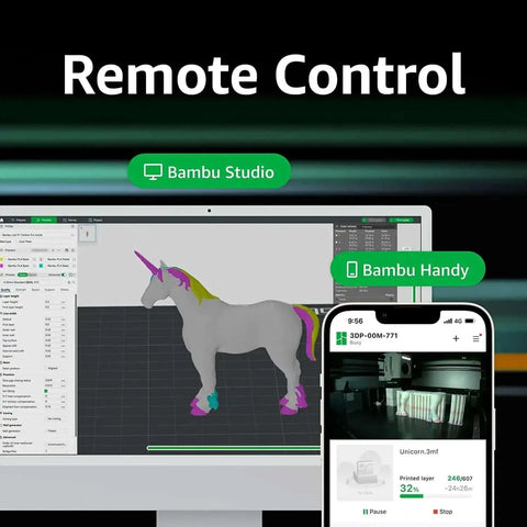 Monitor showing 3D model design with unicorn on screen and phone interface for remote control of Fully Enclosed 3D Printer With Auto Bed Leveling.