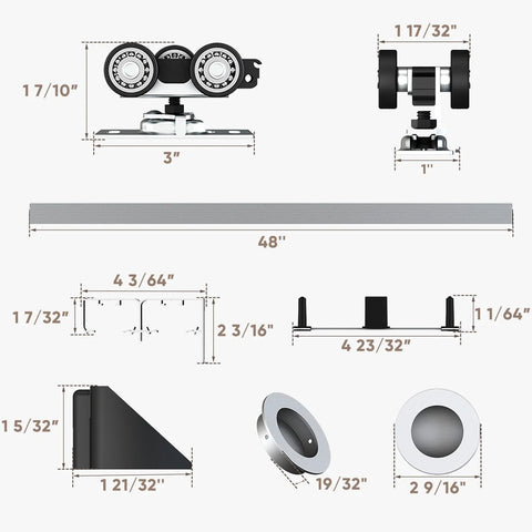 Heavy Duty 48 Inch Aluminum Bypass Sliding Closet Door Hardware Kit With Finger Pull For Two Door System Smooth And Quiet Operation Fits Doors From One And Three Eighths To One And Three Quarters Inches Thick Track Can Be Cut To Fit
