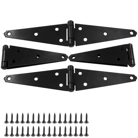 4Pcs Strap Hinge Set For Doors And Gates, Heavy Duty 6 Inch Tee Style Hinges In Black With Screws, displayed on white background.