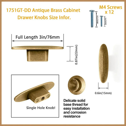 12 Pack 3 Inch Large Oval Antique Brass Cabinet Drawer Pulls For Dresser Cupboard Wardrobe With Single Hole Mount dimensions