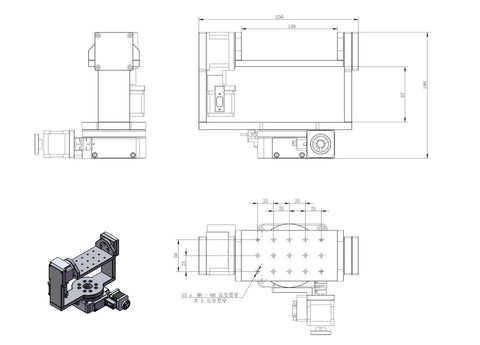 Technical drawing of Electric Rotary Table 360 Degrees Angle Rotary Table with Hollow Index Plate and U Shaped Arm in anodized black aluminum.
