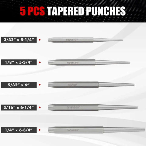 Five tapered punches from Pro Grade 16 Piece Punch And Chisel Set For Mechanic And Metalworking with size labels