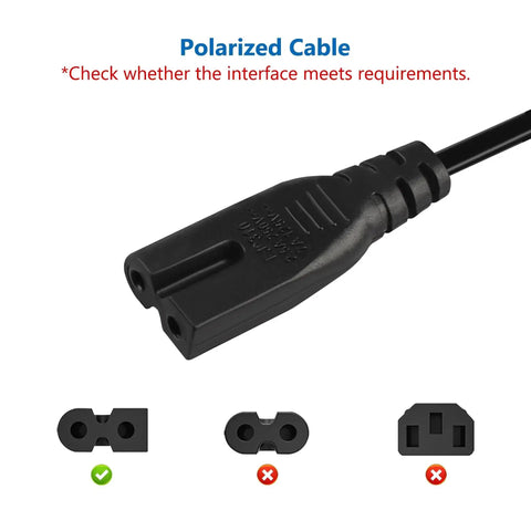 Close-up of Nine Point Eight Foot Sewing Machine Power Cord 2 Prong Cable for Home Sewing Machines Tough As Nails ABS PC Wire tip.