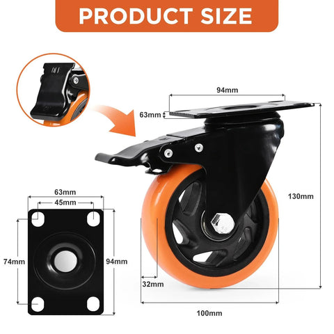 Heavy Duty 4 Inch Locking Swivel Caster Wheels Set Of 4 For Cart Furniture And Workbench In Orange Polyurethane with dimensions