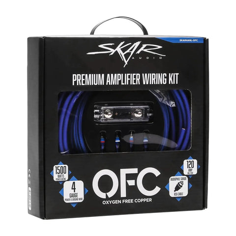 4 Gauge OFC Amplifier Wiring Kit Heavy Duty Installation Bundle with 17 ft power cable displayed in retail packaging.