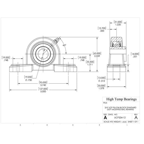 Technical drawing of a 3/4-inch UCP pillow block bearing, dimensions and specifications for high temperature applications.