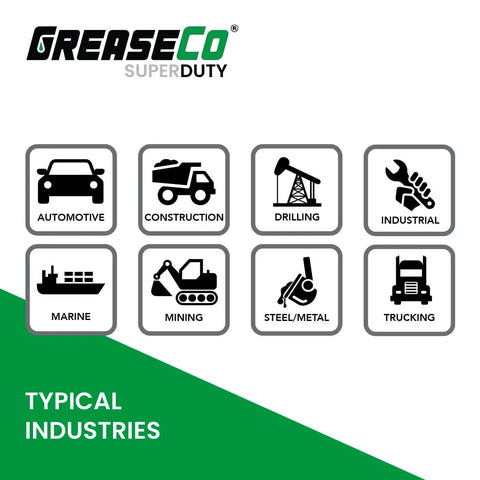 GreaseCo Super Duty typical industries: automotive, construction, drilling, industrial, marine, mining, steel/metal, trucking icons