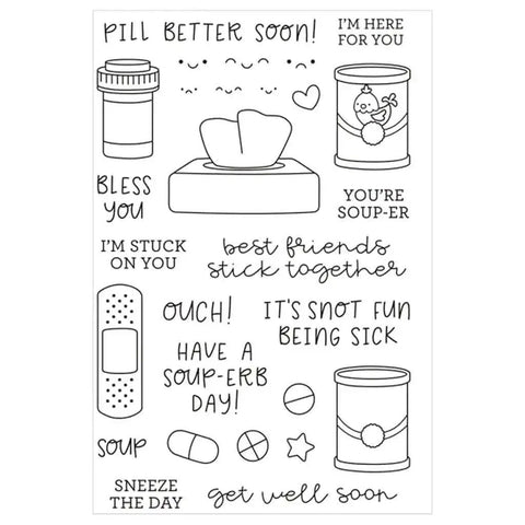 Clear Stamp And Die Set For Card Making And Scrapbooking With Carbon Steel Dies And TPR Stamp Material, featuring get well soon messages and illustrations.