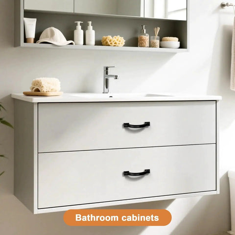 Bathroom cabinet with 10 Pack Matte Black Cabinet Pulls With 3 Inch Hole Center 76mm Zinc Alloy Drawer Handles installed.